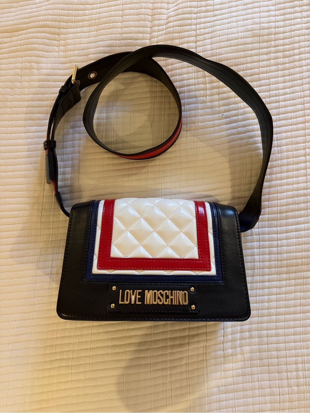 Love Moschino Black, White & Red Quilted Crossbody with Navy Trim